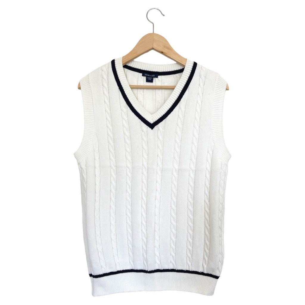 Nwot. Etonkidd Cotton Cable Knit V- Neck Sweater Vest. White/Black. Size: L